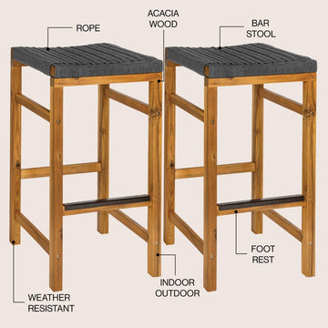 Armand 30" Modern Coastal Backless Acacia Wood Outdoor Bar Stool with Woven Rope Seat